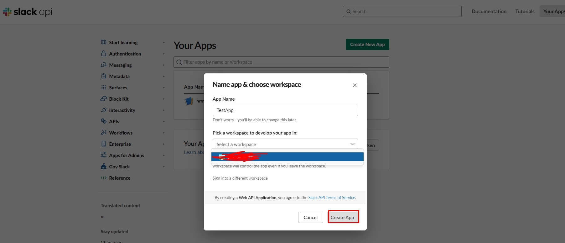 create slack app